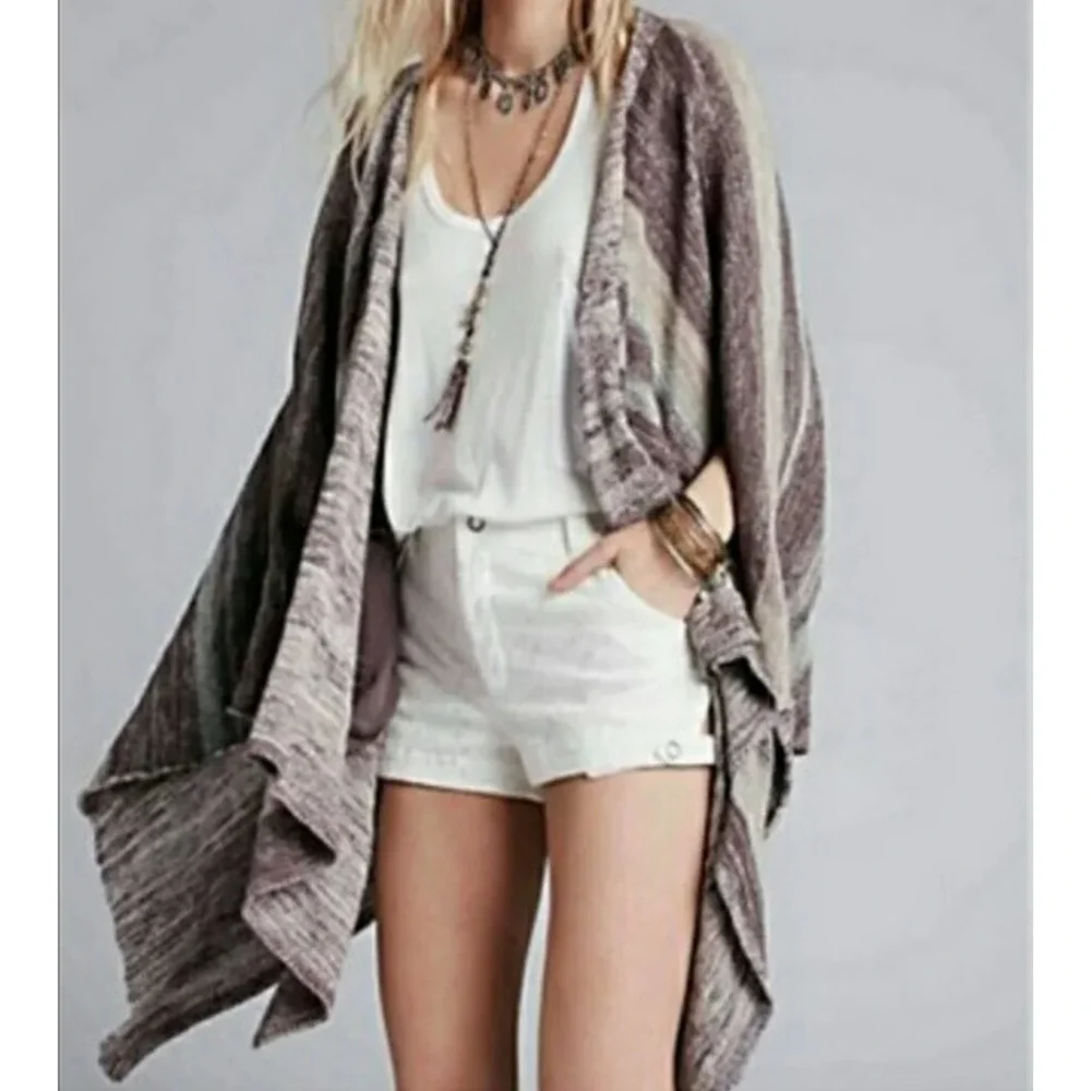 Free People The Big Trail Striped Poncho Sweater Size Small Pockets Linen Blend